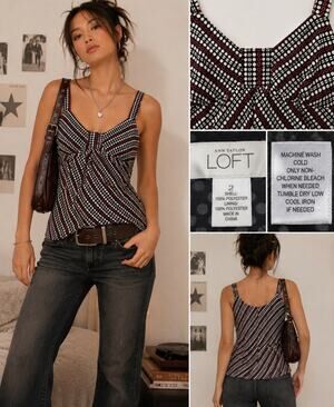 Y2K Indie Sleaze Babydoll Ann Taylor LOFT Fitted Tank Top 2 Black Red Polka Dot